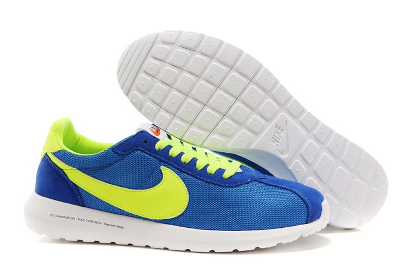 Nike Roshe Run 2015 Bleu Cuir De Maille Olympique Chaussures Jaunes